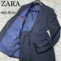 極美品 L-XL相当 ザラ メンズ スーツ セットアップ 上下 ダークネイビー 濃紺 シャドーストライプ ZARA ビジネス 総裏地 ブルー 48サイズ
