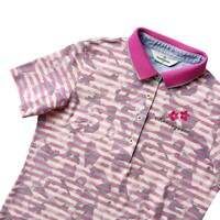 美品 Munsingwear マンシングウェア 吸汗速乾 半袖 ポロシャツ / M サイズ レディース 白 ピンク ボーダー柄 日本製 デサント ゴルフウェア