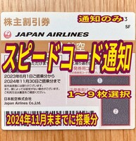 毎日10分スピード通知 JAL 日本航空 株主優待券 1枚/2枚/3枚/4枚〜9枚 国内 航空券 割引 搭乗期限24年11月末まで(17