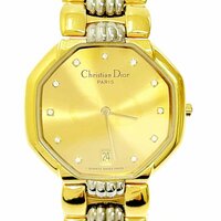 【1円スタート】【訳あり品】Christian Dior クリスチャンディオール 45.134 オクタゴン GP×SS ゴールド文字盤 QZ ボーイズ腕時計 266434