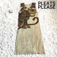 【極美品】 プリーツプリーズ 民画 ノースリーブワンピース L 帯付き PLEATS PLEASE ISSEY MIYAKE Tiger Cat Korean Fork Art Minwa