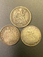 アメリカ旧貨幣　ダイム　DIME シーテッドリバティ3枚　1842年　1872年　1873年　おまとめ　身辺整理
