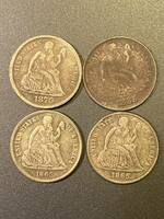 アメリカ旧貨幣　ダイム　DIME シーテッドリバティ4枚　1863年　1865年　1870年　1885年　おまとめ　身辺整理