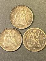 アメリカ旧貨幣　ハーフダイム　HALF DIME シーテッドリバティ3枚　1863年　1868年　1868年　おまとめ　身辺整理