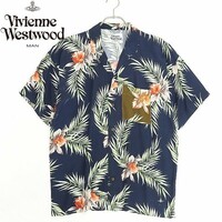 ◆Vivienne Westwood MAN ヴィヴィアン ウエストウッド マン 花柄 オーブ刺繍 オープンカラー アロハ シャツ 紺 ネイビー 48