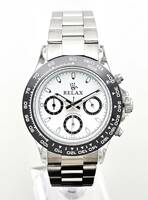 【1円】RELAX リラックス 王冠ロゴ D7-S カスタム腕時計 クロノ 爆発的な人気のあるモデルの一つ御時計 白文字盤 所ジョージ