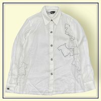 リネン100%◆Black&White ブラック&ホワイト 刺繍デザイン 長袖 シャツ サイズ 1/レディース/ホワイト/ゴルフ/ブラホワ 日本製 麻