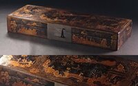 ∇花∇16世紀桃山時代 貴重な古南蛮漆器 細密唐宮廷人物蒔絵(箔絵)飾箱 幅55×20cm