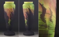∇花∇【ドーム・ナンシー】秀逸作 1900～1914年頃 夕焼けに染まる帆船風景花瓶 H36cm 異色溶込・酸化腐食彫 圧巻のガラス芸術