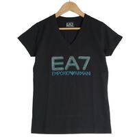 ◆美品◆ EA7 EMPORIO ARMANI エンポリオアルマーニ ラインストーン ロゴ 半袖 ストレッチ Tシャツ カットソー 黒 レディース XS　0704D0