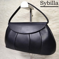 美品 Sybilla シビラ ラウンドカットデザインバッグ レザー ブラック 牛革 ハンドバッグ