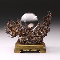 【開】明治時代頃 本水晶玉3.3cm 49.6g 金工細工金銀被波に梅枝の仕立て飾台付 AC524