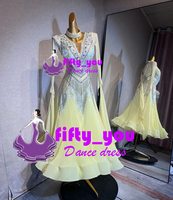 新品fifty_you　 魅力セミオーダー レディース社交ダンスドレス　 競技ドレス 　モダンドレス　高級品　ビーズいっぱい飾り　優しい黄色