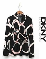 D395/美品 DKNY 長袖ブラウス シャツ カットソー カシュクール 総柄 ストレッチ S 黒 ピンク 白