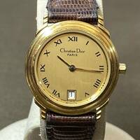 ●【MH-6844】中古品 Christian Dior クリスチャンディオール 48.122.3 レディース 腕時計 クオーツ デイト 純正レザーベルト 稼働品