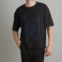 【NO ID.】ステッチビッグTシャツ ◆新品未使用 タグ付き カットソー 半袖 ブラック ブルー ロゴ 【ノーアイディー】