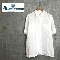 A1325-O◆ Aquascutum アクアスキュータム リネンシャツ 半袖 胸ポケット トップス◆sizeL 麻 ホワイト 白