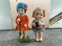 戦前　女の子　2体　土人形　陶器製　京人形　輸出用ドールmade in japan▼昭和レトロ大正浪漫