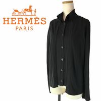 j254 HERMES エルメス アンサンブル風 トップス 薄手ニット シャツ XS イタリア製 正規品 ヴィンテージ コットン 100% ブラック 正規品