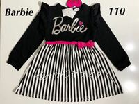 Barbie 切替　ワンピース　１１０　新品　バービー 長袖　スパンコール　子供服　キッズ　女の子　ストライプ　フリル　リボン