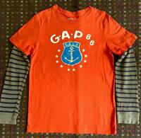 美品 GAP ギャップ ボーダー重ね着風 長袖Tシャツ 160 送料185円〜 赤 グレー