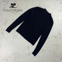 Courreges クレージュ ウール100% ブランドロゴ刺繍 ハイネック 長袖リブニットカットソー トップス レディース 黒 サイズ9*OC410