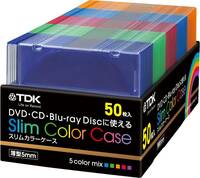 【新品・50枚セット】CD/DVD/BDケース・1枚収納＆スリム(薄型)タイプ　CASE-PCSM50TA(TDK製)5色ミックス