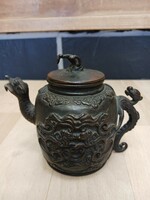時代物　古銅　銅製　獣口　水滴　龍　霊芝　双獣図　書道具　鉄瓶型　中国美術