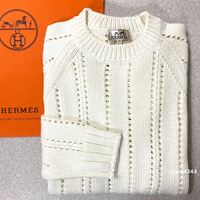 完全正規品 極美品 XL Hermes エルメス コットン×カシミヤ ローゲージ クルーネックニットセーター 白 ホワイト 純正ショッパー
