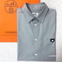 国内正規品 21ss 16/41（M～Lサイズ相当）極美品 Hermes エルメス レザータブ コットン 半袖 シャツ グレー 純正ショッパー