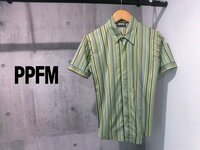 美品 PPFM ピーピーエフエム マルチストライプ 半袖シャツ/ストレッチ ポリシャツ/緑 グリーン/メンズ/35-12CE16/ペイトンプレイス/日本製