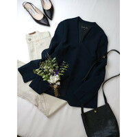 INDIVI インディヴィ「賢い女性は美しい」ノーカラー ジャケット 羽織り ネイビー 紺色 日本製 (65K+9052)☆