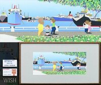 【真作】【WISH】はざまえいじ「豪華客船の入港で賑わう横浜港」貼り絵 1990年JTB作品 　　〇水彩漫画家 貼り絵画家 #24032132