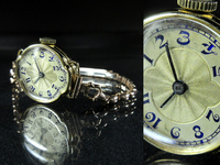 【イギリス アンティーク】18金 シャンパンギョーシェ ブルーエナメルアラビア デザインケース レディース 手巻 時計