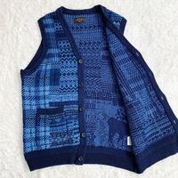 極美品！ BEAMS PLUS ビームスプラス アニマル ジャガード織 ニットベスト ブルー パッチワーク セーター Lサイズ