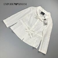 新品未使用 EMPORIO ARMANI エンポリオ アルマーニ デザインネックシャツ 長袖 リボン トップス レディース 白 ホワイト サイズ40*NC1247