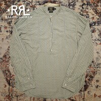 【希少】 RRL Band Collar Striped Pullover Shirts 【L】 バンドカラー ストライプ プルオーバー シャツ 刺繍 2010年逸品 Ralph Lauren
