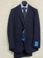 【新品未使用】春夏物 英国 アルフレッド ALFRED BROWN 生地使用 メンズ スーツ A6 L (h175-w82）ネイビー チョークストライプ 