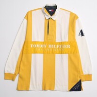 TH3078◇トミーヒルフィガー/TOMMY HILFIGER メンズXL SAILING GEAR 刺繍 長袖 ラガーシャツ プルオーバー イエロー×ホワイト系