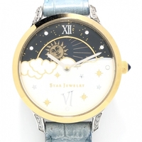 STAR JEWELRY(スタージュエリー) 腕時計 - レディース 型押し加工/ラインストーン/ムーンフェイズ シルバー×ネイビー