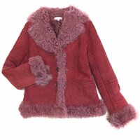 ◆ALMA en ROSE アルマアンローズ ハナエモリ 羊革 ムートン ショートコート 38(M) 赤系 巻き毛ファー ジャケット 毛皮 レディース 婦人