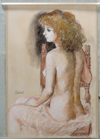 ◆ 肉筆ヌード パステル画 ◆『 椅子に腰かける女性 』 作者不明 裸婦画 絵画 美人画 人物画 裸体画