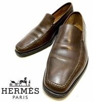 HERMES MENS レザーモカシンシューズ エルメス ローファー 革靴 スリッポン ドレス ビジネスshoes ブラウン イタリア製40 25.5cm