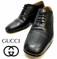 GUCCI 598300 パンチング GGロゴ ダービーシューズ グッチ レースアップ 革靴 ドレスshoes ビジネス 黒 ブラック6 1/2 イタリア製