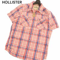 【新品 未使用】 HOLLISTER ホリスター 春夏 ロゴ刺繍 半袖 ウエスタン チェック シャツ Sz.XL　メンズ 大きいサイズ　C4T04638_5#A