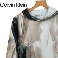 【Calvin Klein】カルバンクライン　メンズ　パーカー　プルオーバー　フーディ　総柄　刺繍ロゴ　レア