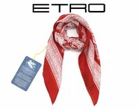 10万新品◆エトロ◆赤×白シルク100％ダマスク柄スカーフ 67×67【ETRO】 1円