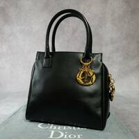 【美品】　Christian Dior　クリスチャン ディオール　正規品　本革　レザー　ハンドバッグ　ロゴチャーム　保存袋　黒　ゴールド　