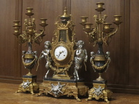 最高級 イタリア Imperial インペリアル社 大理石 エンジェル 天使 真鍮 オルモル装飾 手巻き テンプ式 マントルクロック 置時計 燭台 一対