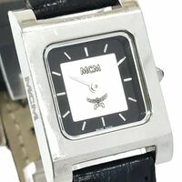 MCM エムシーエム 腕時計 クオーツ アナログ スクエア レクタンギュラー シルバー ブラック レザーベルト 電池交換済み 動作確認済み